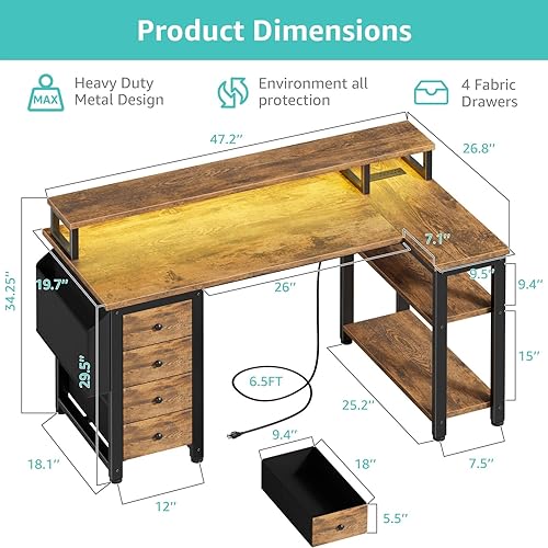 Miniatura 3 de Lufeiya - Escritorio en forma de L para juegos con luces LED y tomas de corriente, escritorio de esquina de 47 pulgadas para oficina en casa con