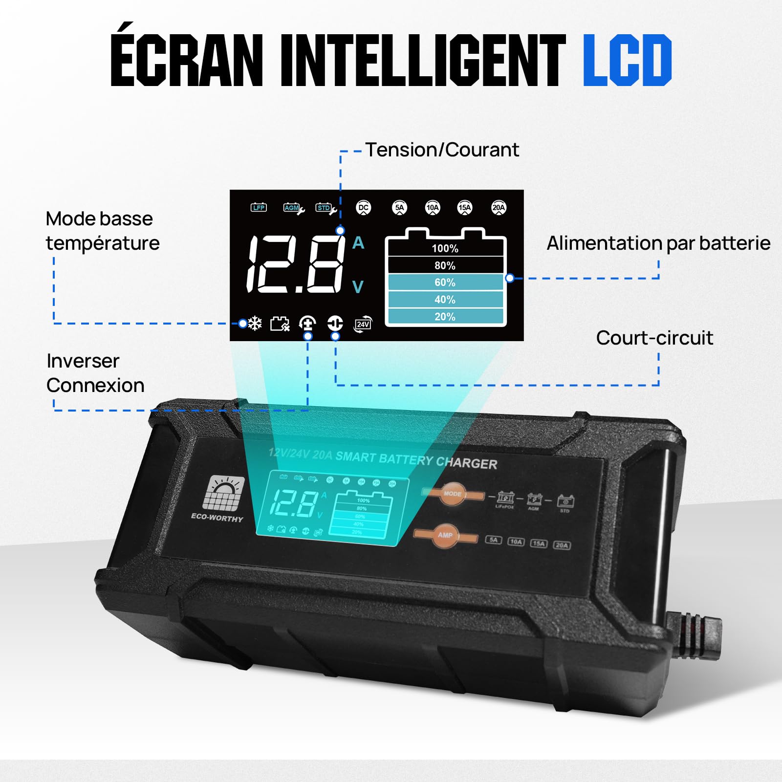 ECO-WORTHY 12V/24V 20A Chargeur de Batterie LiFePO4 avec Options Multi-Courant 5A/10A/15A/20A,détection Automatique de la Tension de la Batterie Plomb-Acide LiFePO4