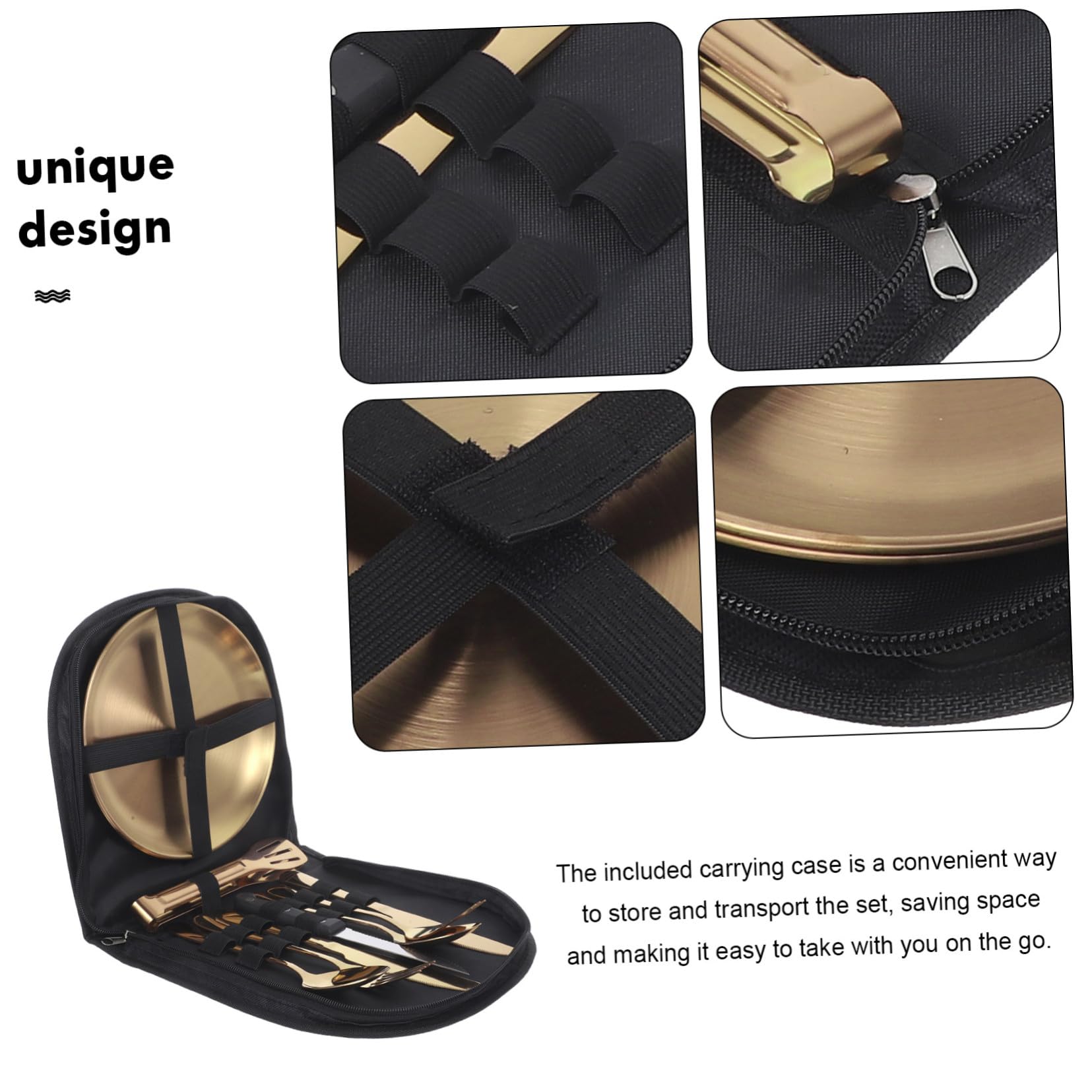 VILLCASE Teiliges Edelstahl Camping Besteckset für Outdoor Inklusive Messer Gabel Löffel Wiederverwendbar Tragbar mit Aufbewahrungstasche für Camping Picknick und Reisen Goldfarben