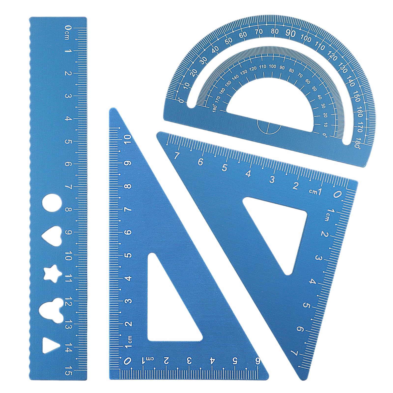 NALACAL4Pcs Triangular Scale Ruler Set, Geometric Protractor Mathematical Triangle Ruler Aluminum Ruler for School and Office Supplies Math Rulers for Kids and Adults Draftsman(Blue)