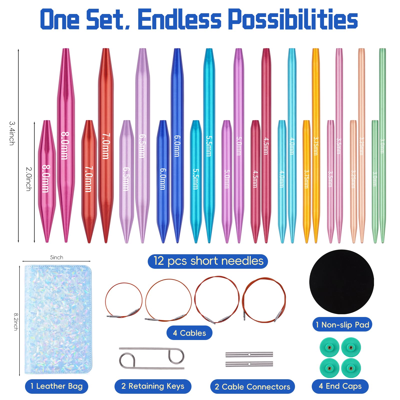 Weabetfu Shortie austauschbares Rundstricknadel-Set, 5,1 cm/8,6 cm
