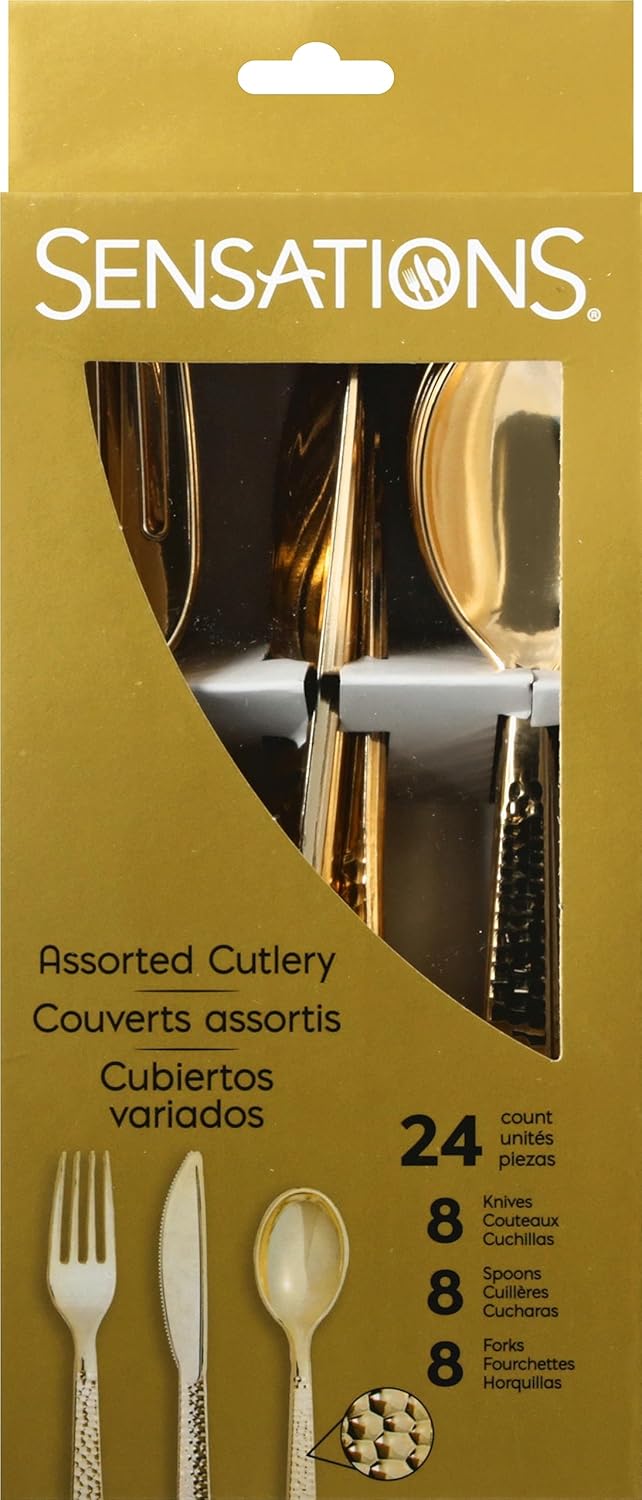 Assorted Metallic Gold Hammered Plastic Cutlery Set 24 pcs