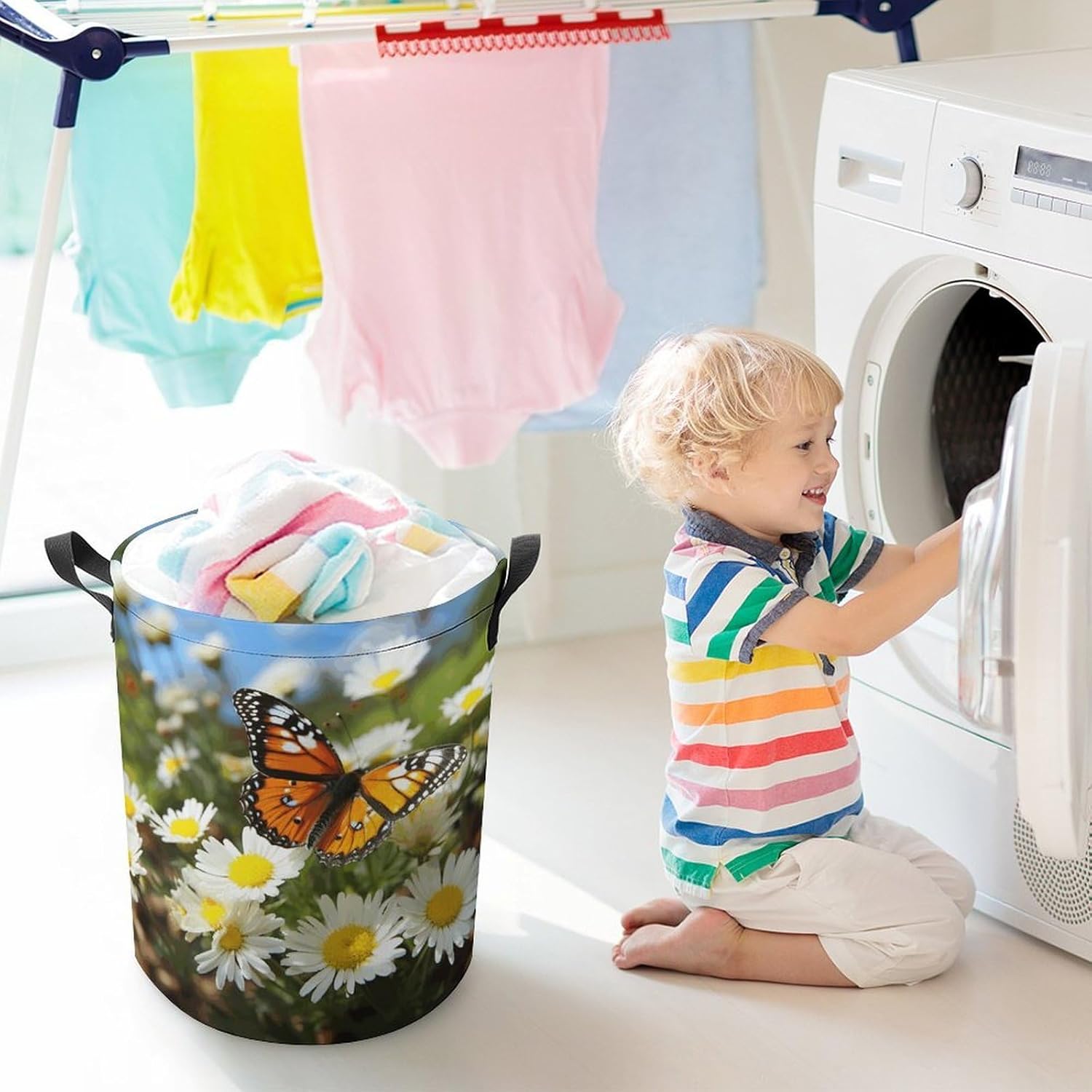Butterfly on Daisy Flower Laundry Basket Collapsible Clothes Hamper with Reinforced Handles Large Capacity Waterproof Laundry Bag Freestanding Laundry Hamper for Bedroom Bathroom