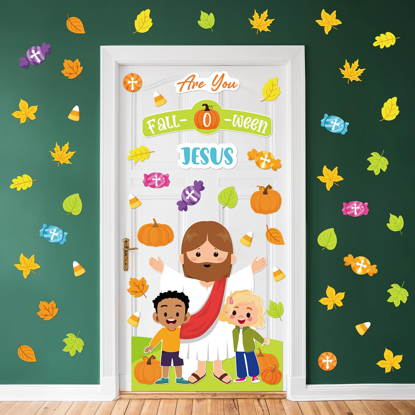 Décoration de porte d'automne Are You Jésus et citrouilles pour classe