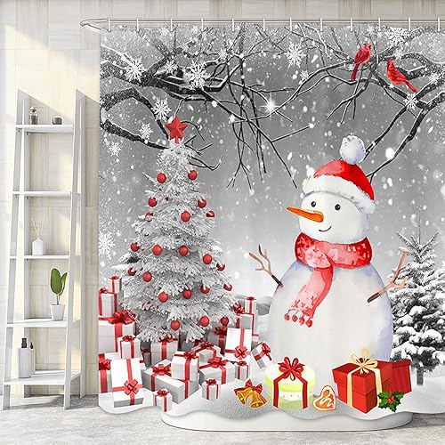 Miniatura 6 de Cortina de ducha de Navidad con diseño de bola de Navidad rosa, bonita cortina de ducha de muñeco de nieve, juego de cortina de ducha de invierno