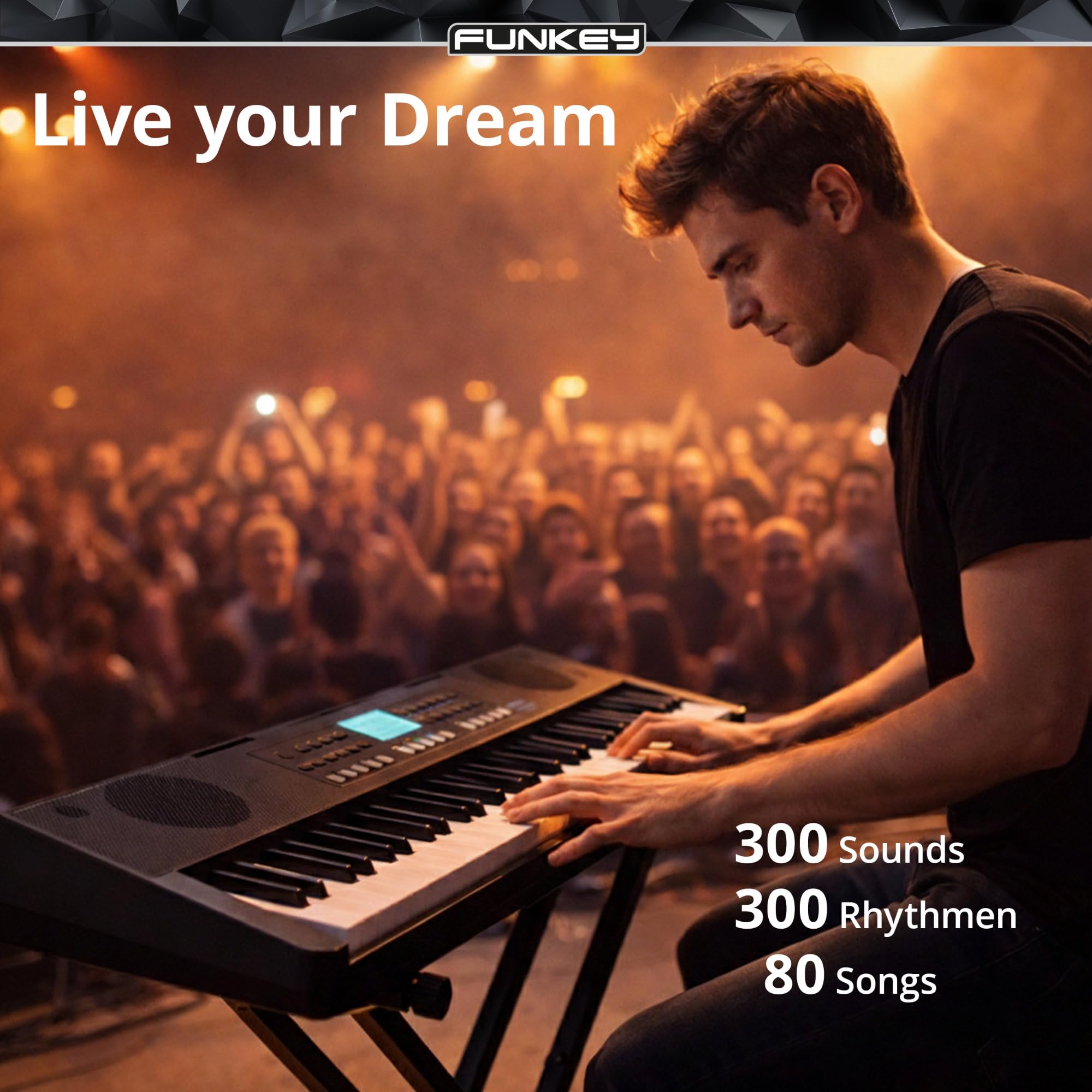 FunKey 61 MKII Keyboard Set mit 61 Tasten - 300 Sounds 300 Rhythmen 80 Demo Songs USB to Host Lernfunktion Metronom Kopfhöreranschluss inkl Ständer Bank Netzteil - Schwarz