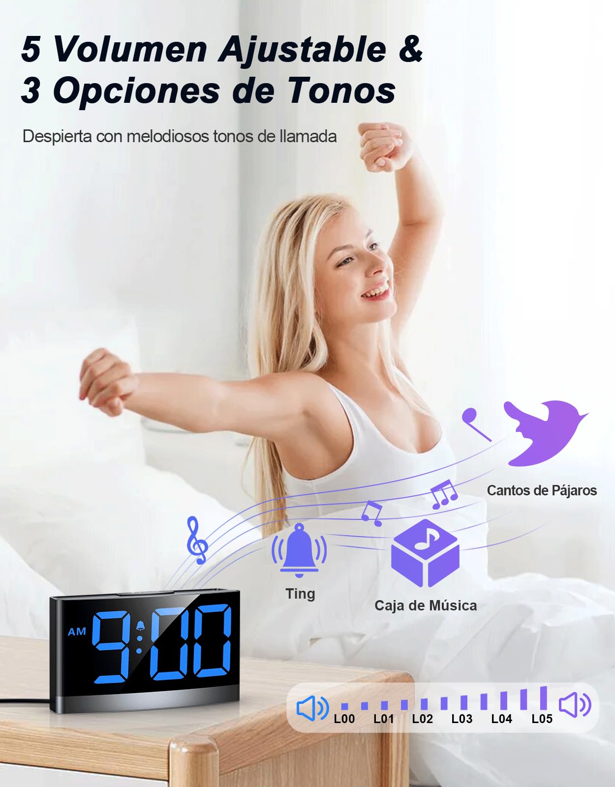 Reloj Digital para Dormitorios, Despertador Inteligente con Números LED Azules, 5 Niveles de Brillo & Volumen, 3 Tonos de Alarma, Snooze, 12/24H, Alimentado por USB (Adaptador No Incluido)