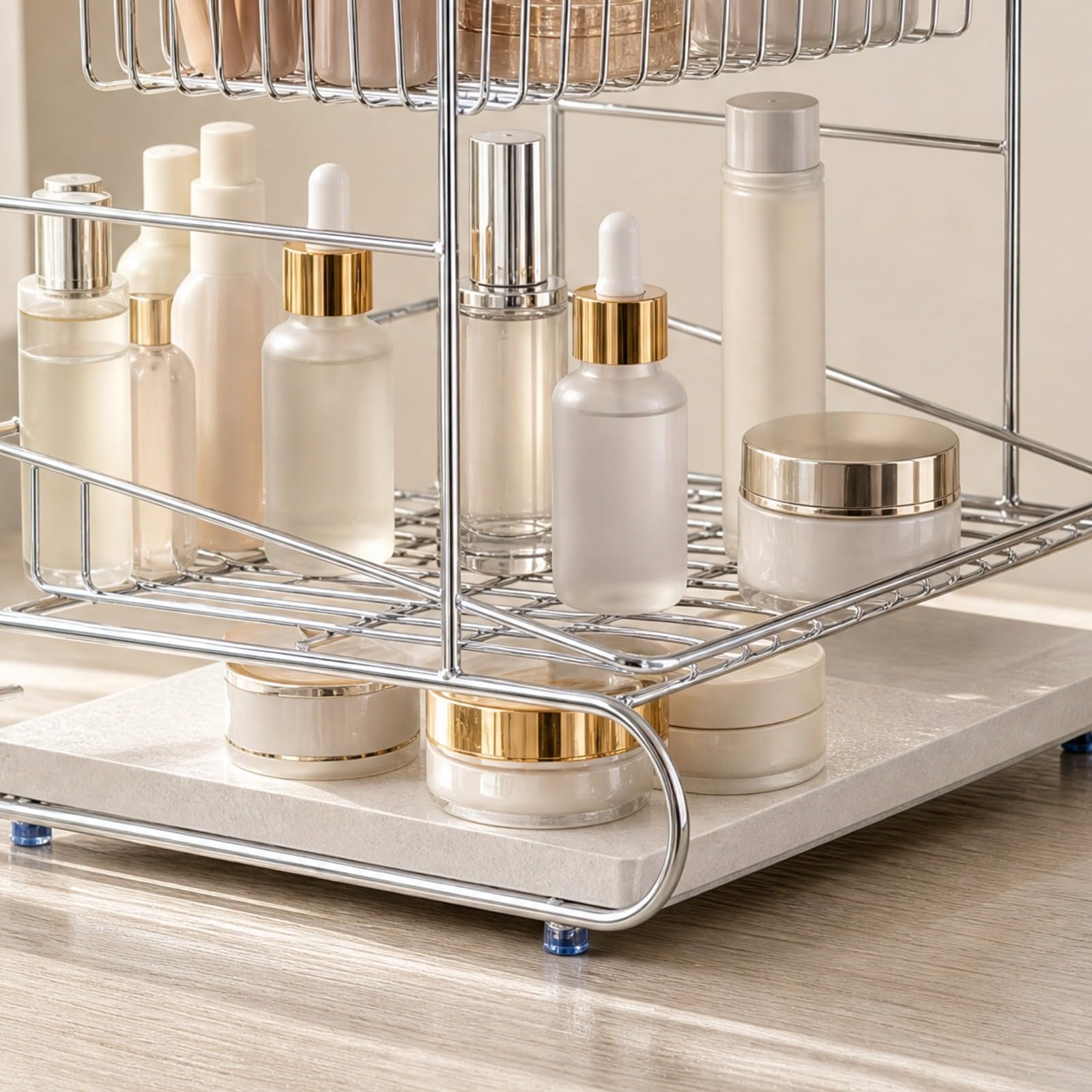 Rack Almacenamiento Acero Inoxidable Abierto Organizador Cosméticos con Barras Perimetrales Morno para Encimera, Estilo B