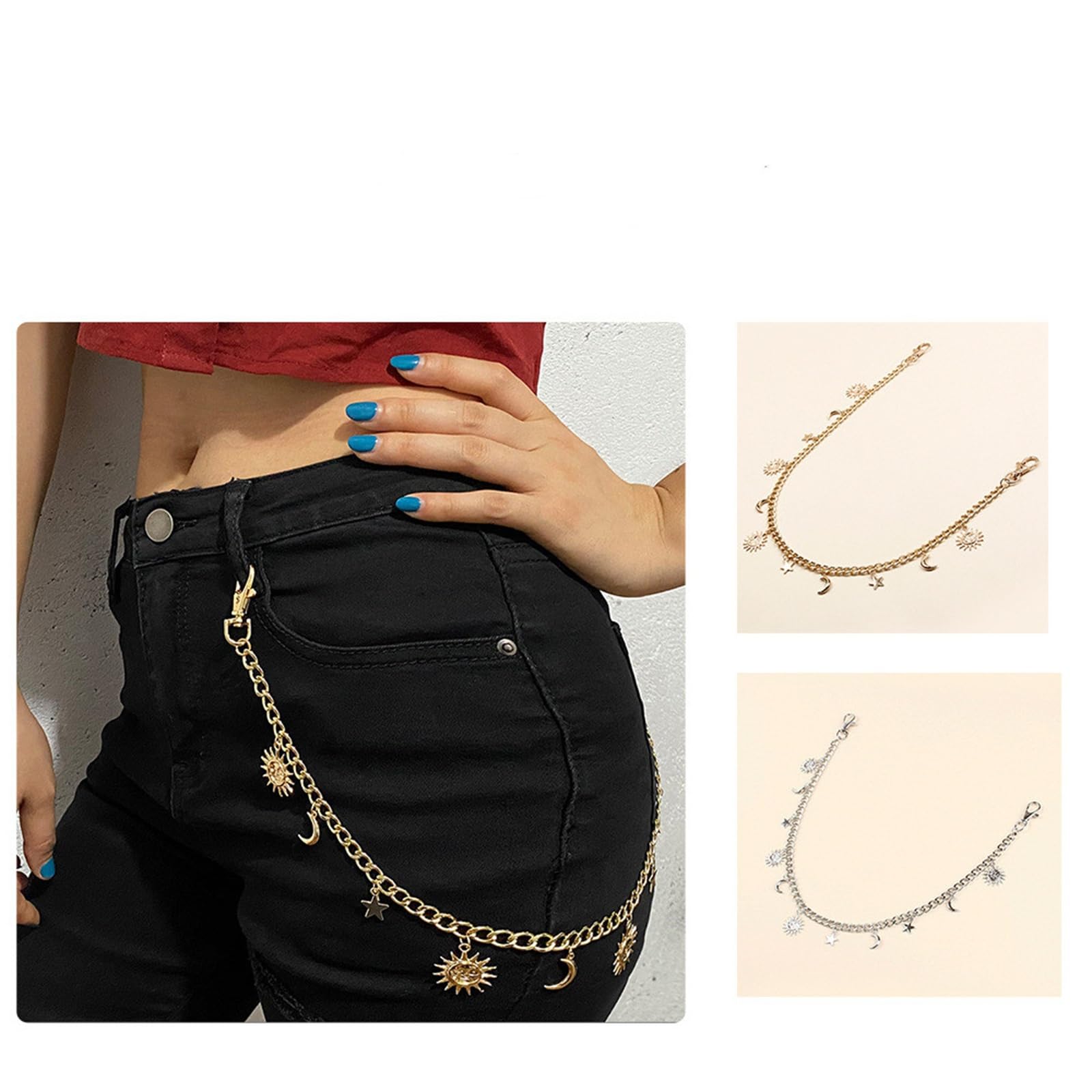 Cadena Para Pantalones Con Colgantes De Luna Y Estrellas - Accesorio De Moda Unisex - Para Jeans, Vaqueros O Shorts - Ideal Como Regalo