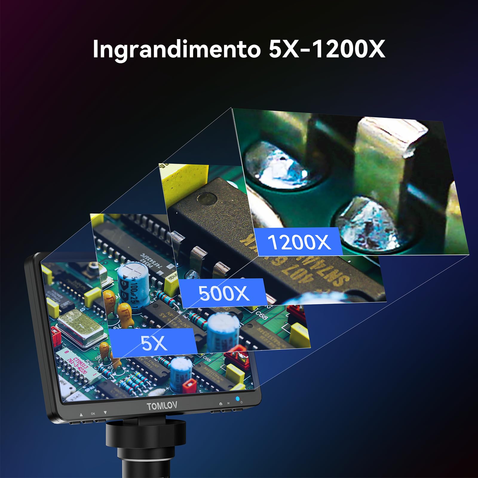 TOMLOV DM9 7" LCD Microscopio Digitale 1200X, Fotocamera 1080P da 12MP per Monete e Saldatura, Regalo per Adulti, con Supporto Metallo, Luce Regolabile, Compatibile PC/Windows/Mac OS, 32GB