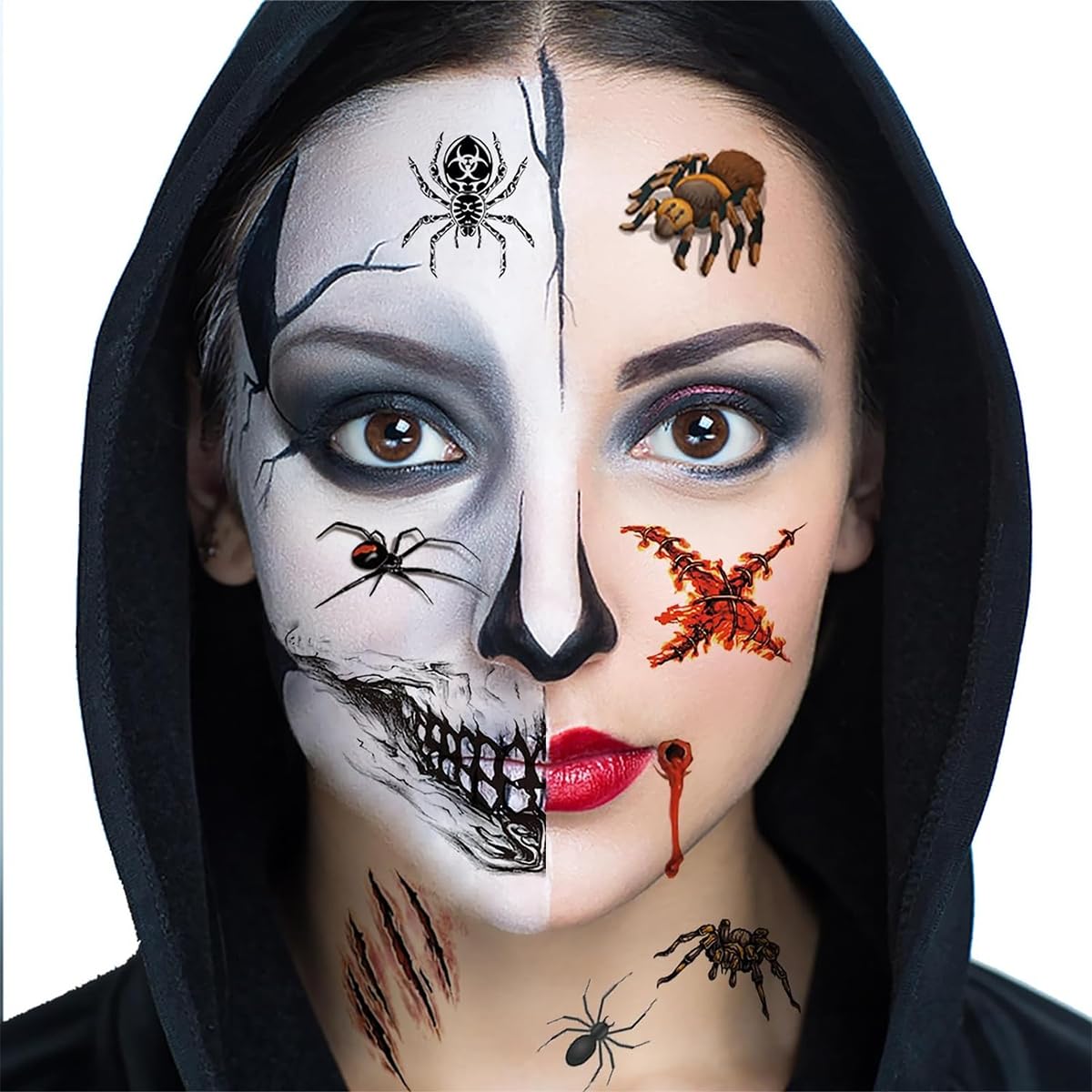 Tatuajes Temporales De Halloween Para La Cara | Set De Bocas, Cicatrices Y Arañas Realistas Para Disfraces