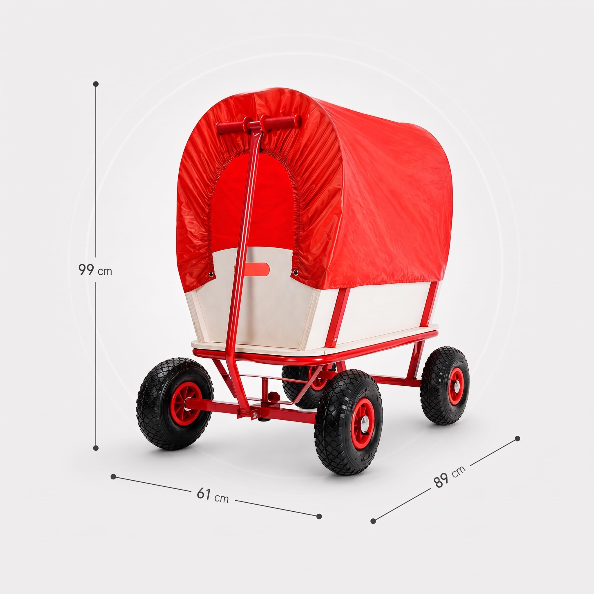 MONZANA® Bollerwagen Holz bis 180 kg mit Dach Luftreifen Stabil Robust Stahl Allround Handwagen Gartenwagen Strandwagen Leiterwagen Transportwagen Rot