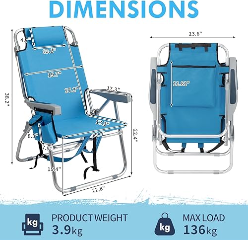 Miniatura 3 de Outvita Silla de playa tipo mochila, silla de playa de 5 niveles ajustables con bolsa de almacenamiento trasera, bolsa enfriadora y bolsas laterales