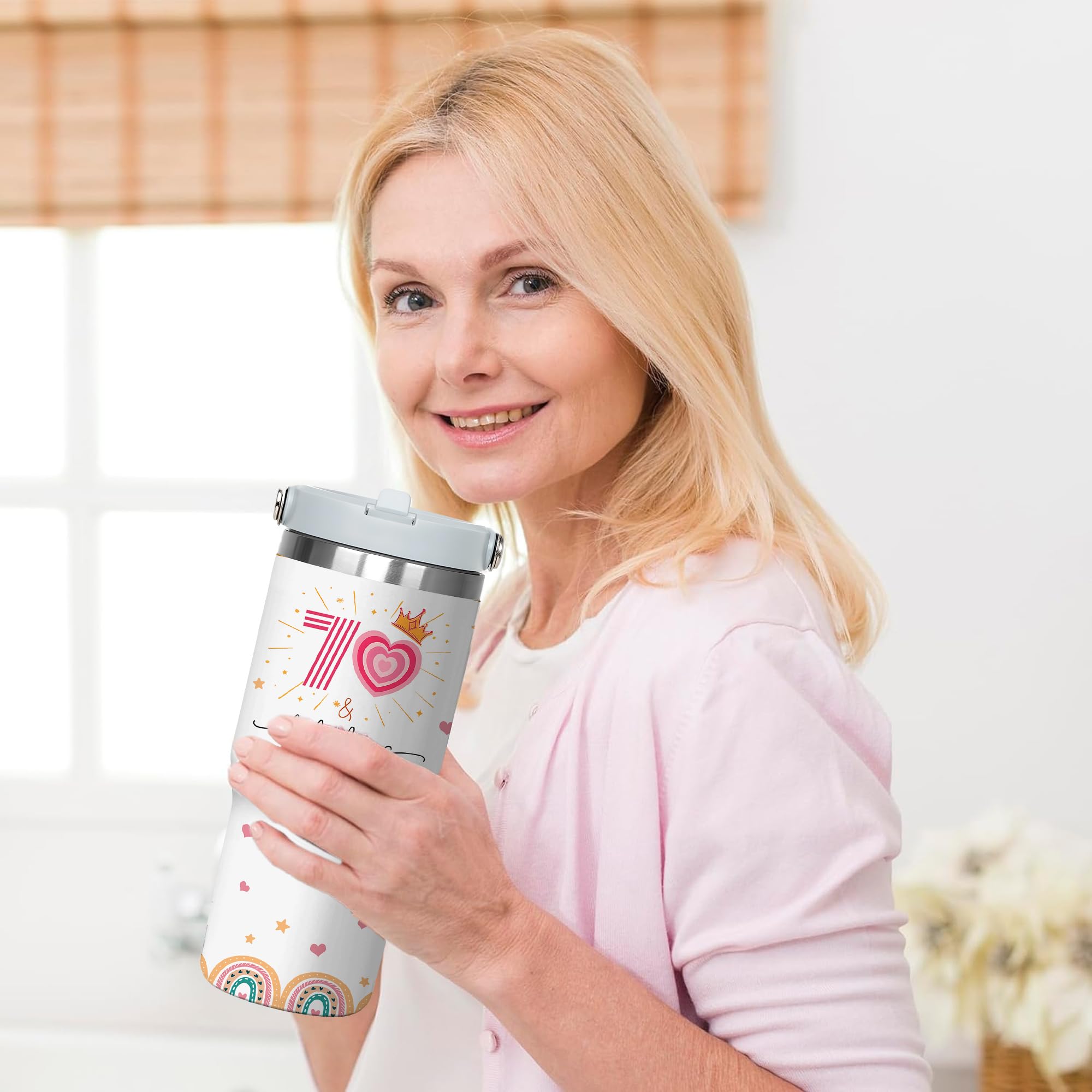 70th Birthday Tumbler For Women – 40 Oz Insulated Cup, 1955 Themed Gift With Straw & Brush