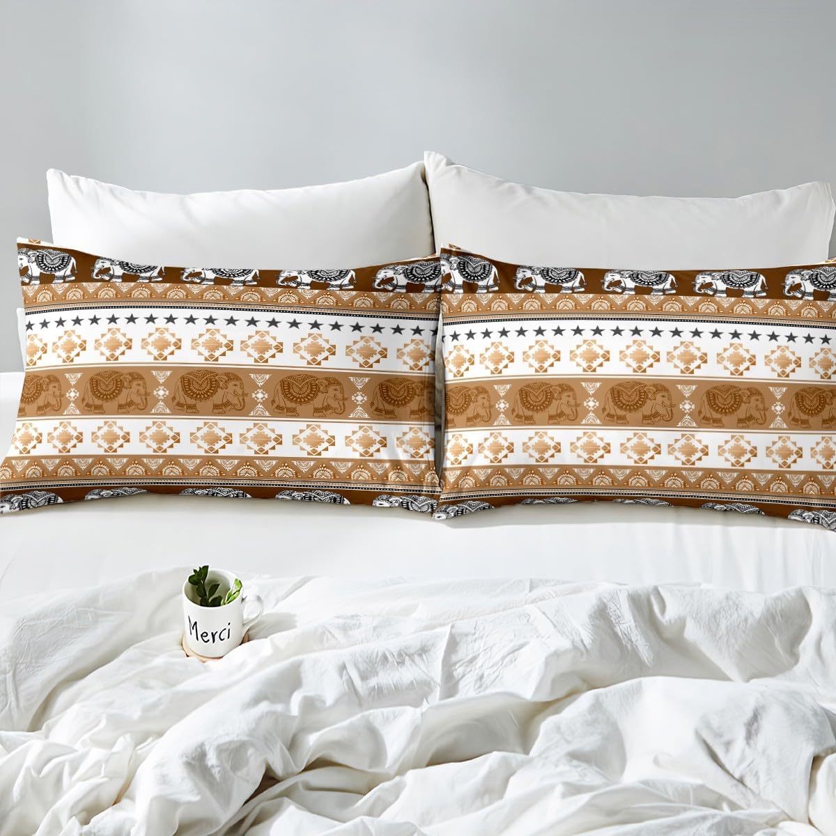 Ethnic Tribal Style Duvet Cover Set Toddler Size,Rustic Boho Elephant Wildlife Animal Reversible Quilt Cover for Kids Boys Bohemian Brown Stripes Bedding Set with 1 Pillowcase,No Comforter