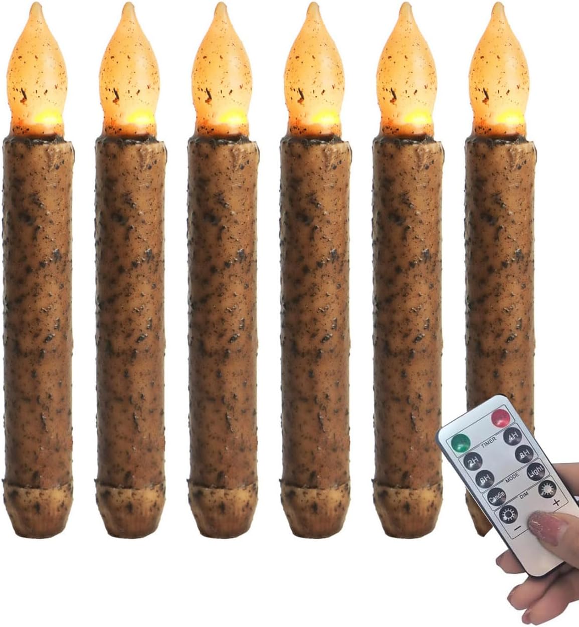 6.5'' Real Wax Primitive Candles Hand Dipped Rustic Flameless Taper Candle with Timer Remote for Vintage Home Kitchen, Country Room, Christmas Halloween Decor