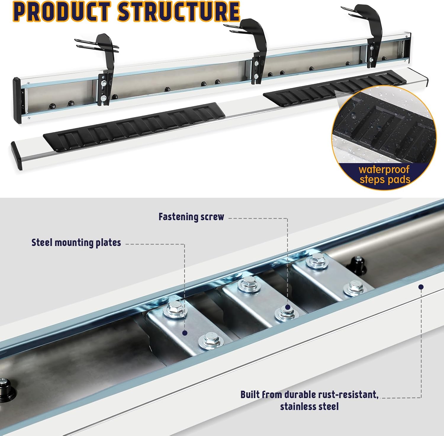 Package contents of Perfit Liner running boards, showing two boards, brackets, hardware, and gloves.