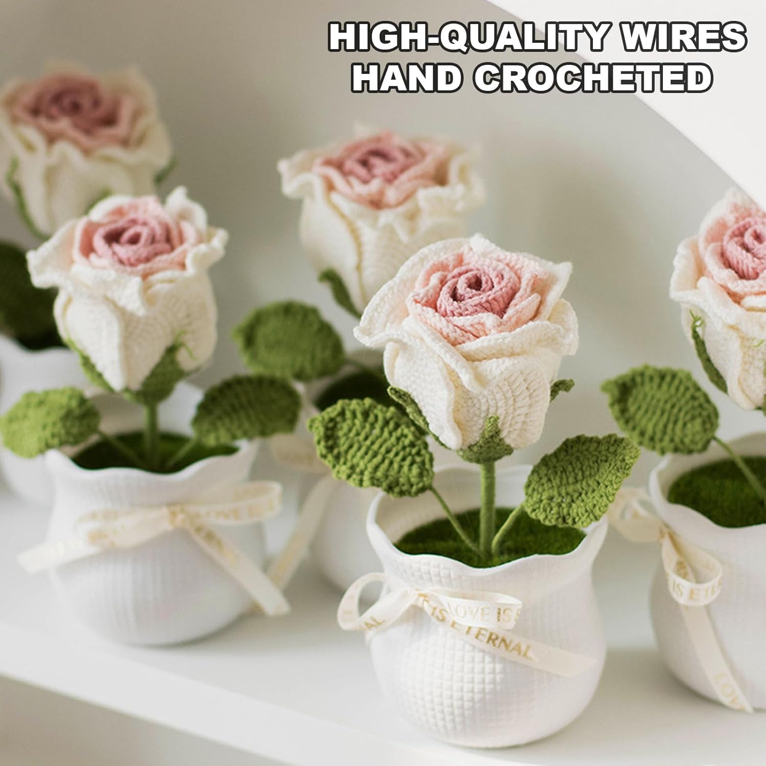 Handmade Crochet Flowers,Handmade Potted Crochet Rose Bouquet,Cute Artificial Flowers Knitted Rose Plants with Exquisite Pot Gift to Friend Women Birthday Valentine's Day Home Office Decoration