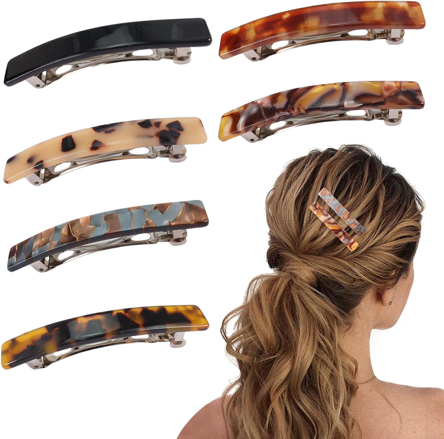 Fumwase 6PCS Hair Barrettes for Women Shell Hair Clip Hair Accessories Barrettes for Thick Thin Long Short Hair (Blue brown + Brilliant color + Amber + Light turtle shell + Dark turtle shell + Black)
