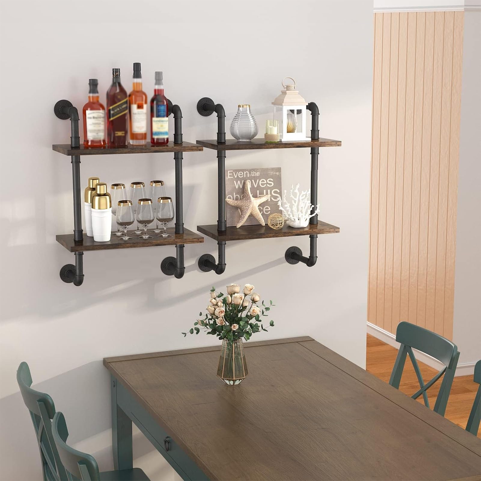 Industrielles Rohrregal, Badezimmer, Küche, schwebendes Lagerregal, Ausstellungsregal, Wandmontage, Regal für Wohnzimmer, Schlafzimmer, 2 Etagen, Holzregal, Schwarz (80 x 25 x 65 cm)