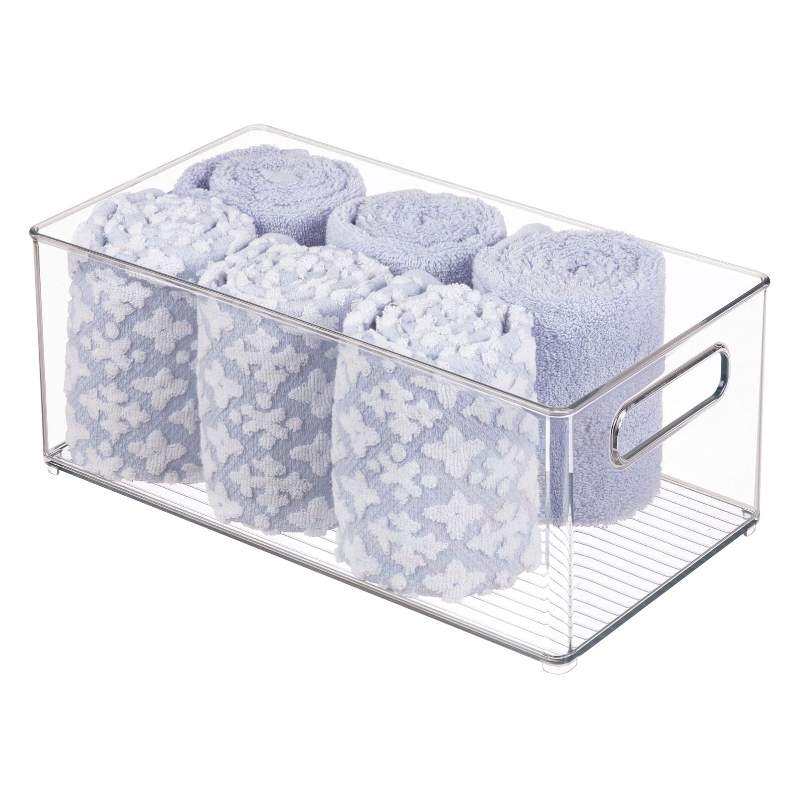 mDesign Juego de 2 cajas de plástico con asas – Organizador transparente con diseño atractivo – Cajas organizadoras para accesorios de baño, cosméticos y otros utensilios – transparente