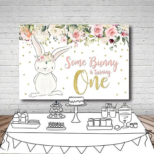 Miniatura 4 de MEHOFOTO - Telón de fondo para fiesta de cumpleaños de 10 x 7 pies, diseño floral rosa con purpurina dorada, conejito con texto en inglés "Some