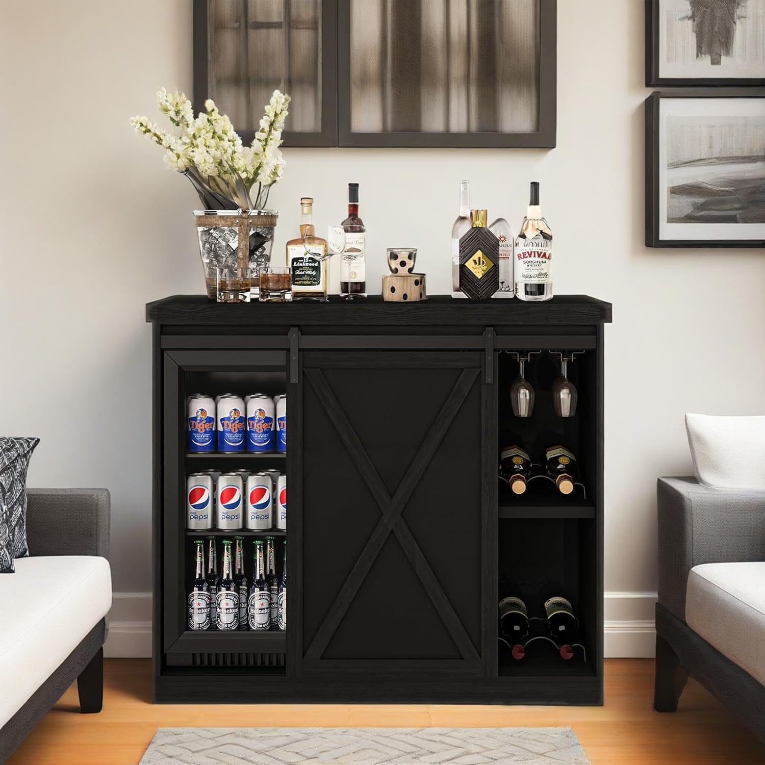 Coffee Bar Cabinet with Fridge Space, Wine Cabinet with Rack, Power Outlet for Dining Room Living Room, White