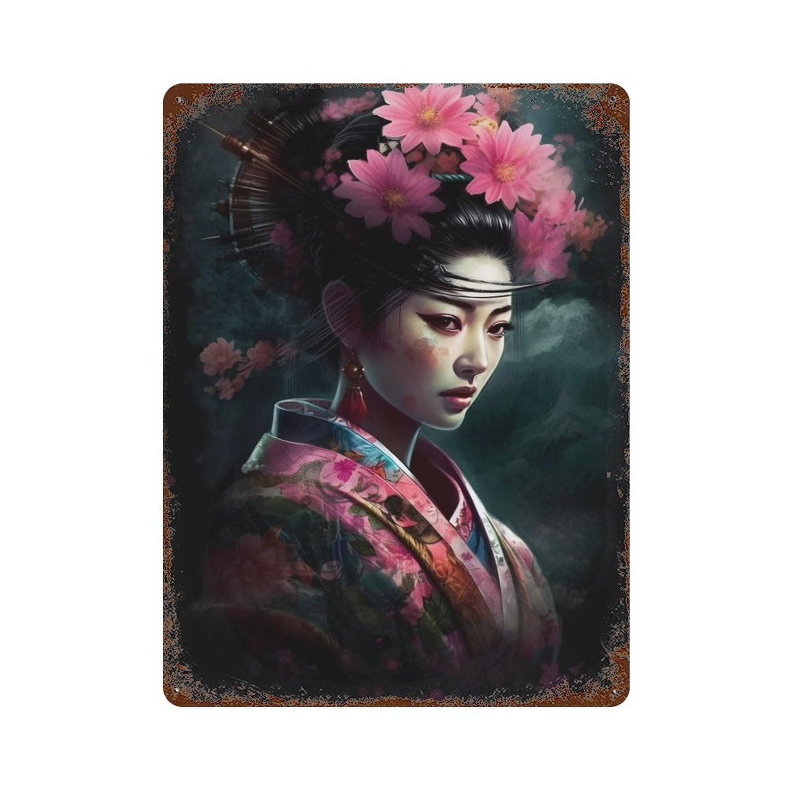 Garage Style Geisha Japan Distressed Metal Wall Sign 15.7"x11.8", Retro Wall Decor for Bar And Workshop