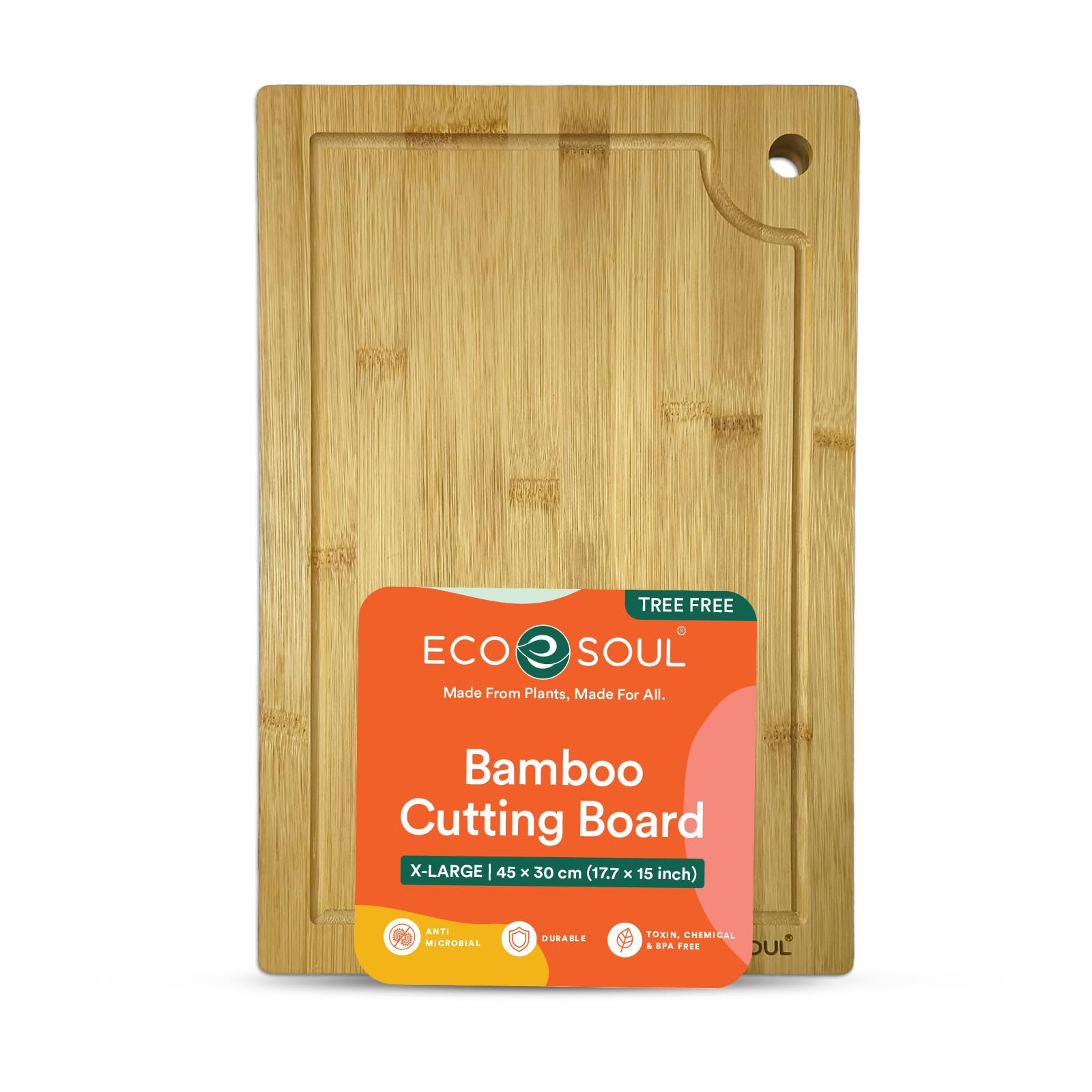 ECO SOUL | Bamboo Cutting Board Large | XL 40 x 26 x 1.8 cm | Natural & Lightweight | Strong, Knife-Friendly & Durable Wooden Chopping Board | Ideal for Daily Cooking