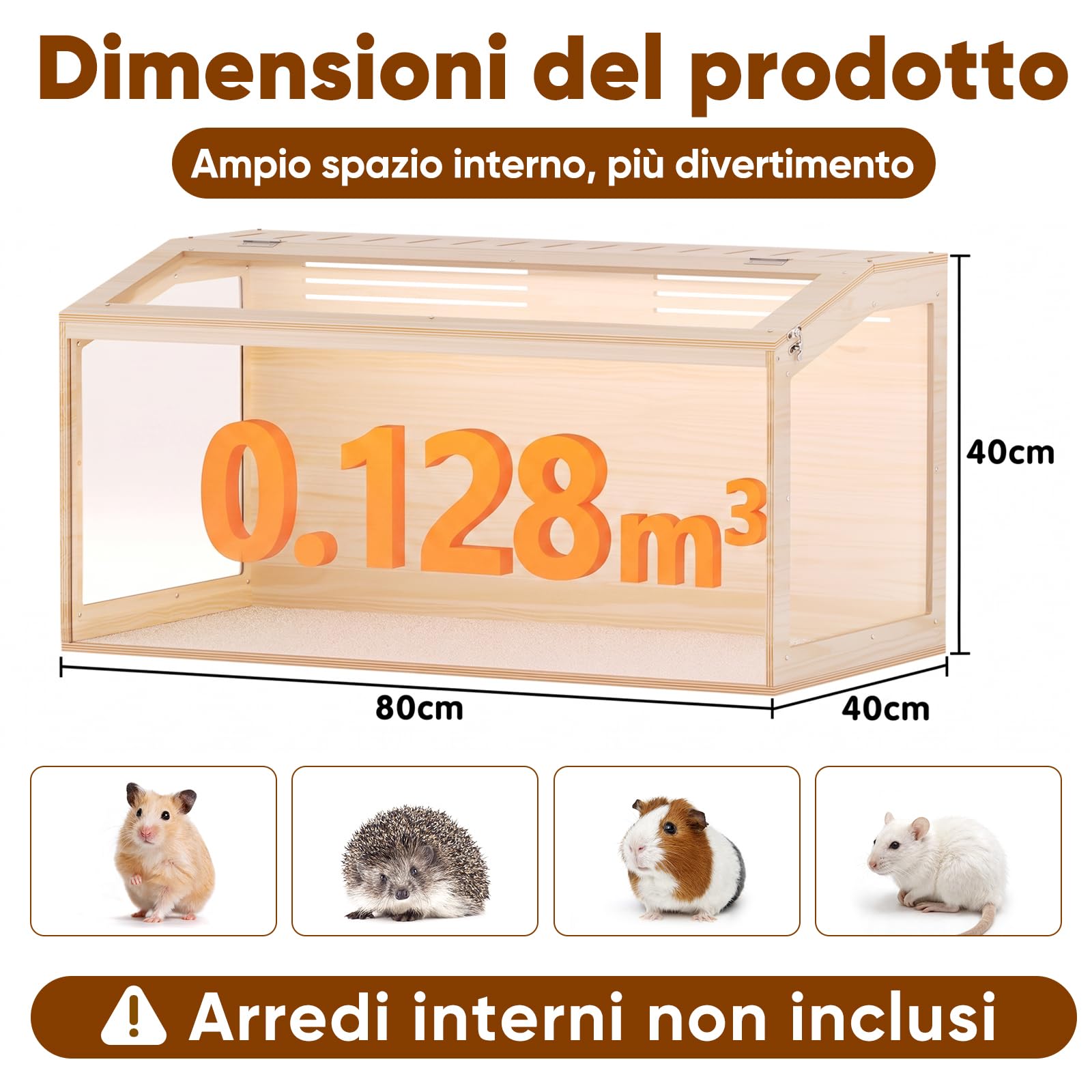 X XBEN Gabbia per Criceti in Legno, Tetto Apribile & Ventilazione Multipla | Vivarium Acrilico Spazioso, Cornice Legno Naturale per Criceti Nani, Roditori, Topi,Piccoli Animali 80L×40W×40H cm (0,128 m³)