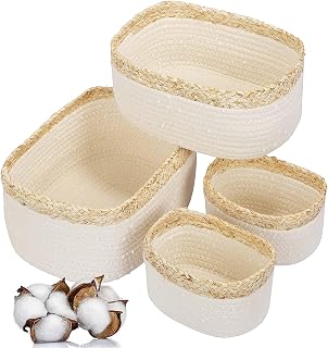 Shelf Storage Baskets for Organizing，Small Cotton Woven Basket for Bathroom Shelve Nursery, Decorative Basket for Closet Storage，Decorative Basket Organizer Bins Set of 4, （Cotton with Corn Skin）