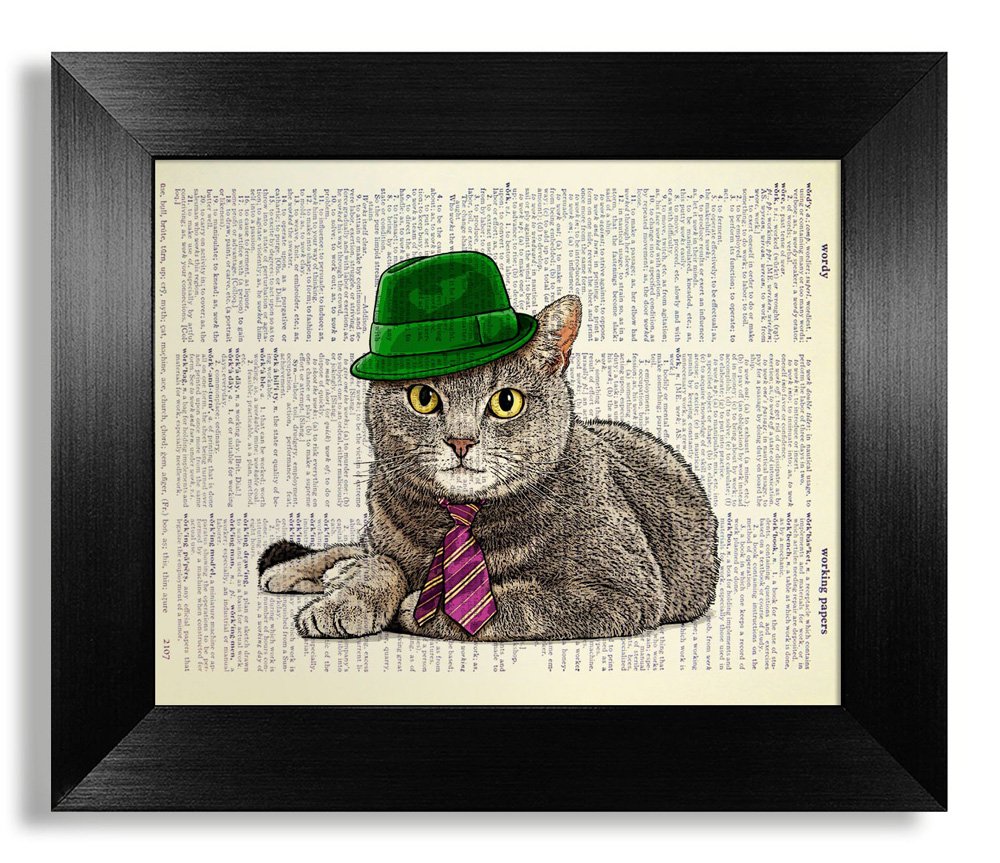 Cat with Green Hat, Upcycled Cat Dictionary Art Print, Cat Lover Gift, Cat Wall Art, Cat Poster, Cat Painting, Cat Decor, Cat Wall Print, 8x10