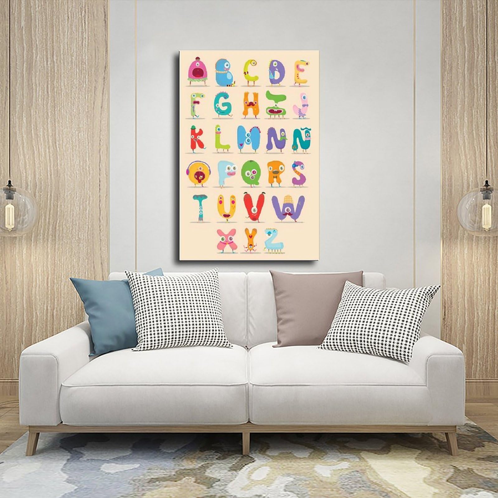 Poster éducatif sur toile représentant un petit monstre 24 lettres de l'alphabet pour enfants, décoration de chambre, bureau, chambre, cadeau, sans cadre : 60 x 90 cm