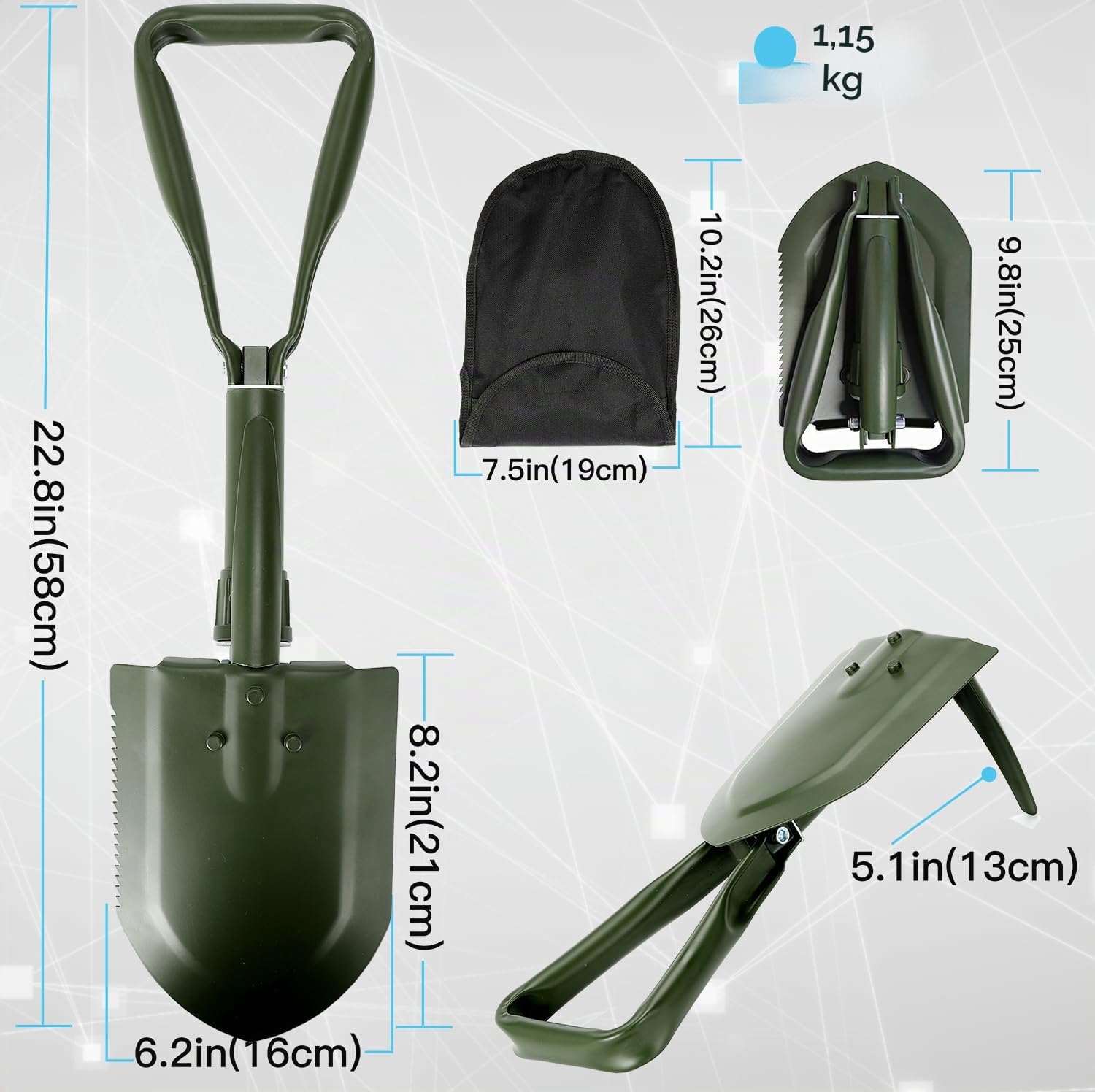 Pieghevole Pala 58cm, Pala da neve, Strumento Di Trincea In Acciaio Ad Alto Tenore Di Carbonio 50#, Pala Da Campeggio Pieghevole Militare,Portatile Vanga, Per Campeggio, Escursionismo, Attivit, Car