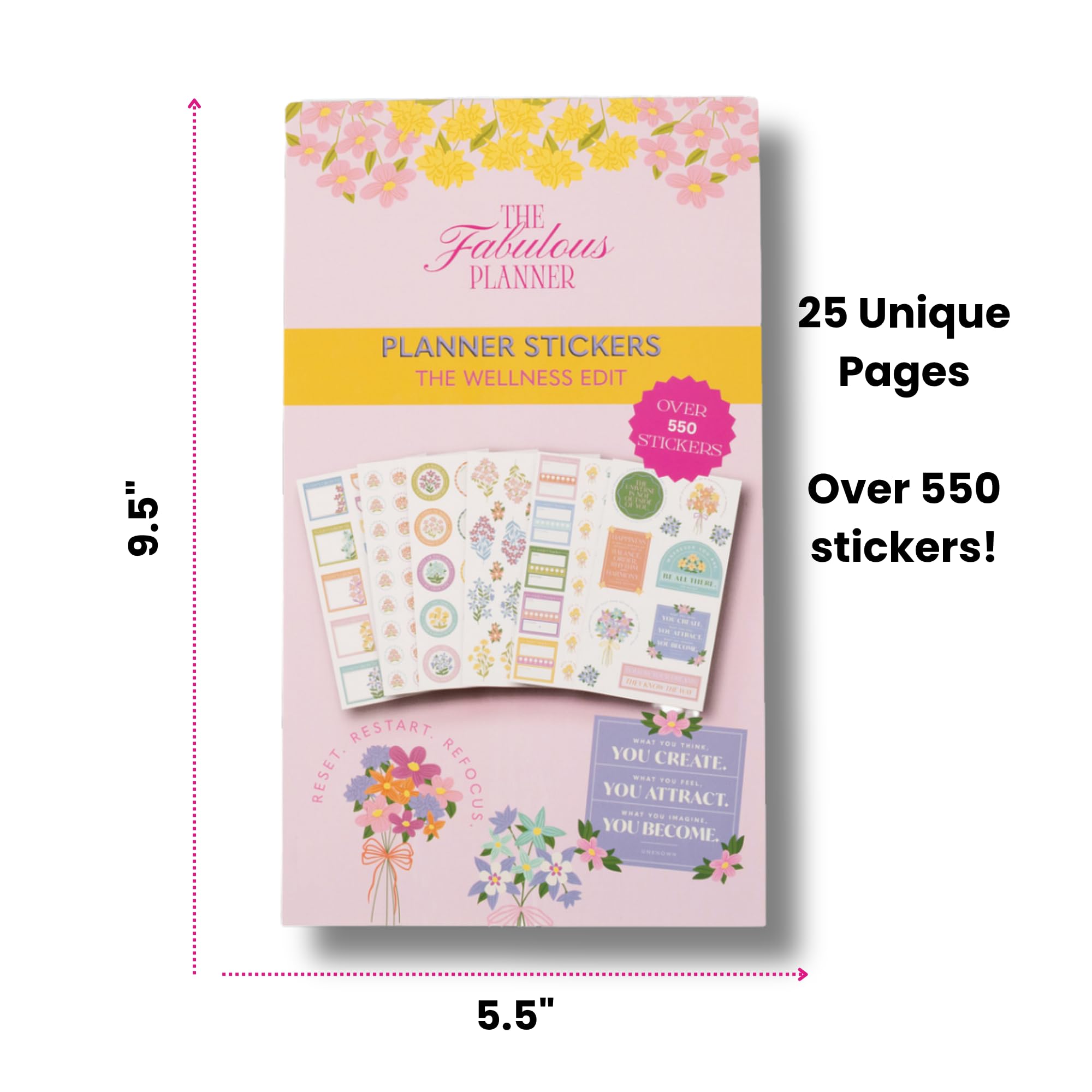 Wellness Stickerbuch für Planer – 25 Blatt, 550+ Aufkleber | Gewohnheitstracker, Motivierende Zitate, Dankbarkeit & Ziel-Tracker, Blumen & Dekor | Aufkleber für Planer, Tagebücher & Sammelalben