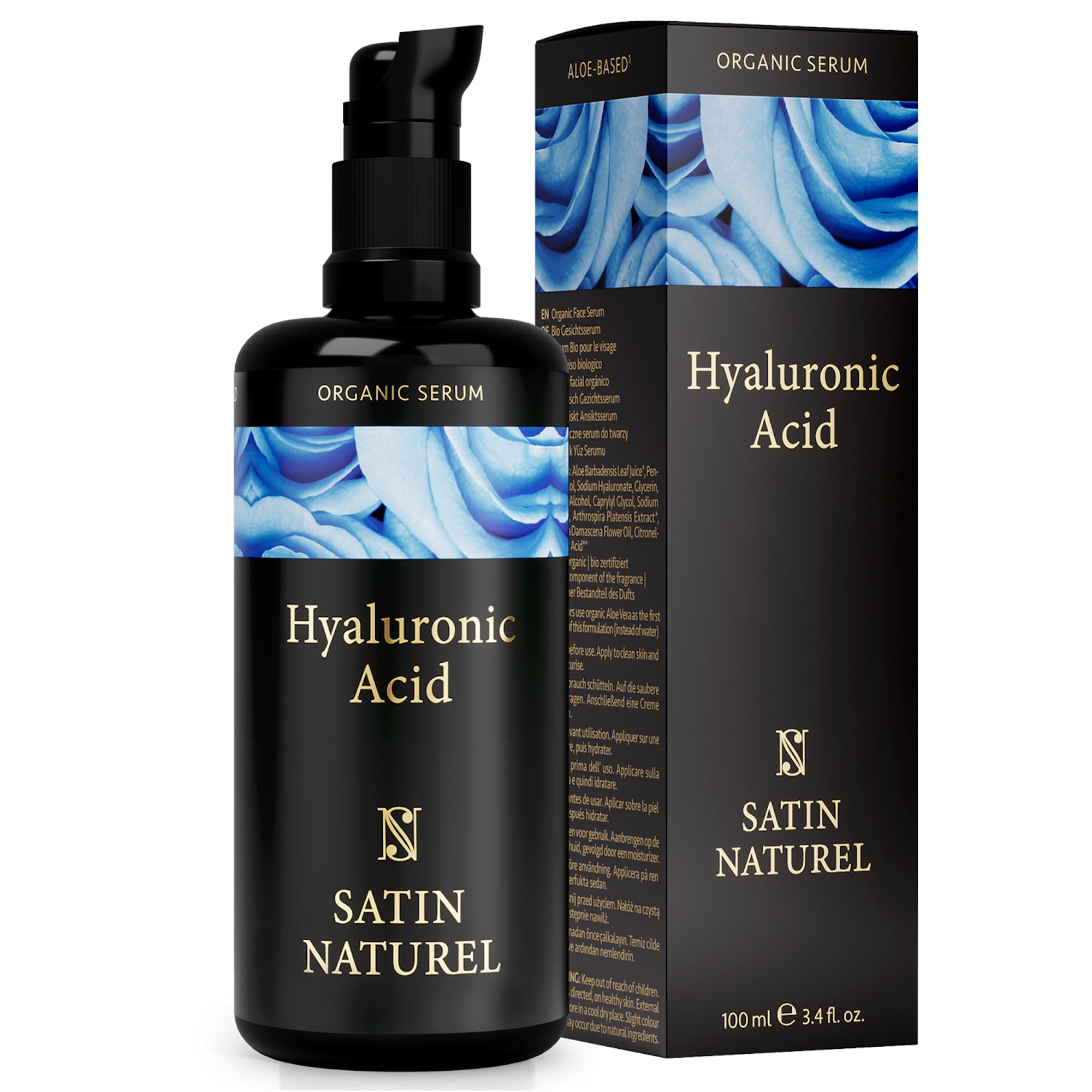 Satin Naturel Organic Hyaluronic Acid Serum Face Moisturizer for Sensitive Skin (100ml) - Dermatologically Tested, Organic Ingredients, No Harmful Chemichals - Reduces Wrinkles and Fine Lines