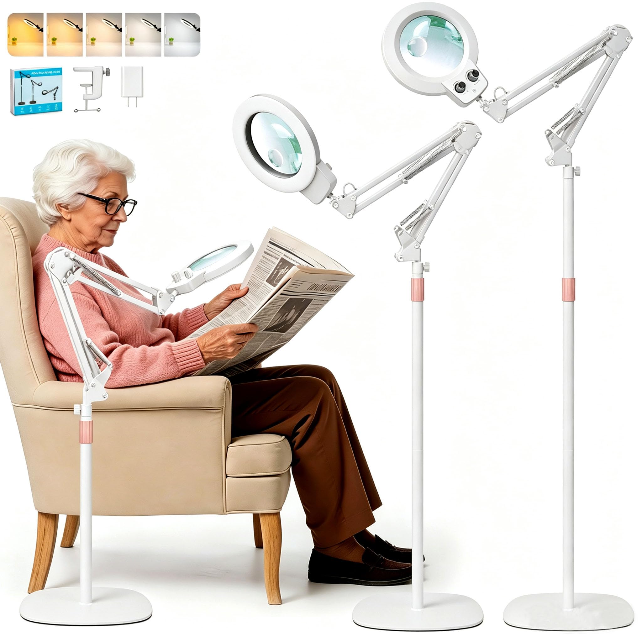 Photo 1 of KMDES 2 in 1 Floor Magnifying Glass with Light and Stand, Dual Knob Infinite Color Dimmable 12X&30X Large Lighted Magnifier Workbench lamp for Close Work, Craft, Repair, Esthetician Stable Base White
