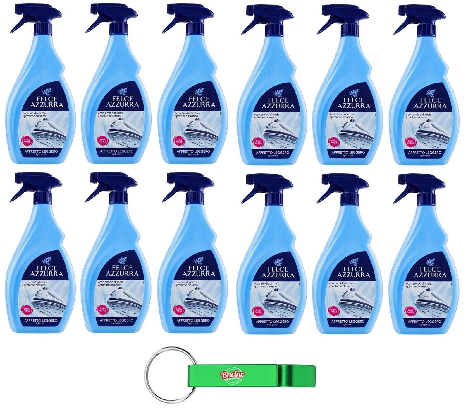 12x Felce Azzurra Appretto Leggero Spray per Stira Veloce, Stiratore leggermente rinforzante, stiratura rapida, profumato 750ml + Portachiavi Beni Culinari in Omaggio