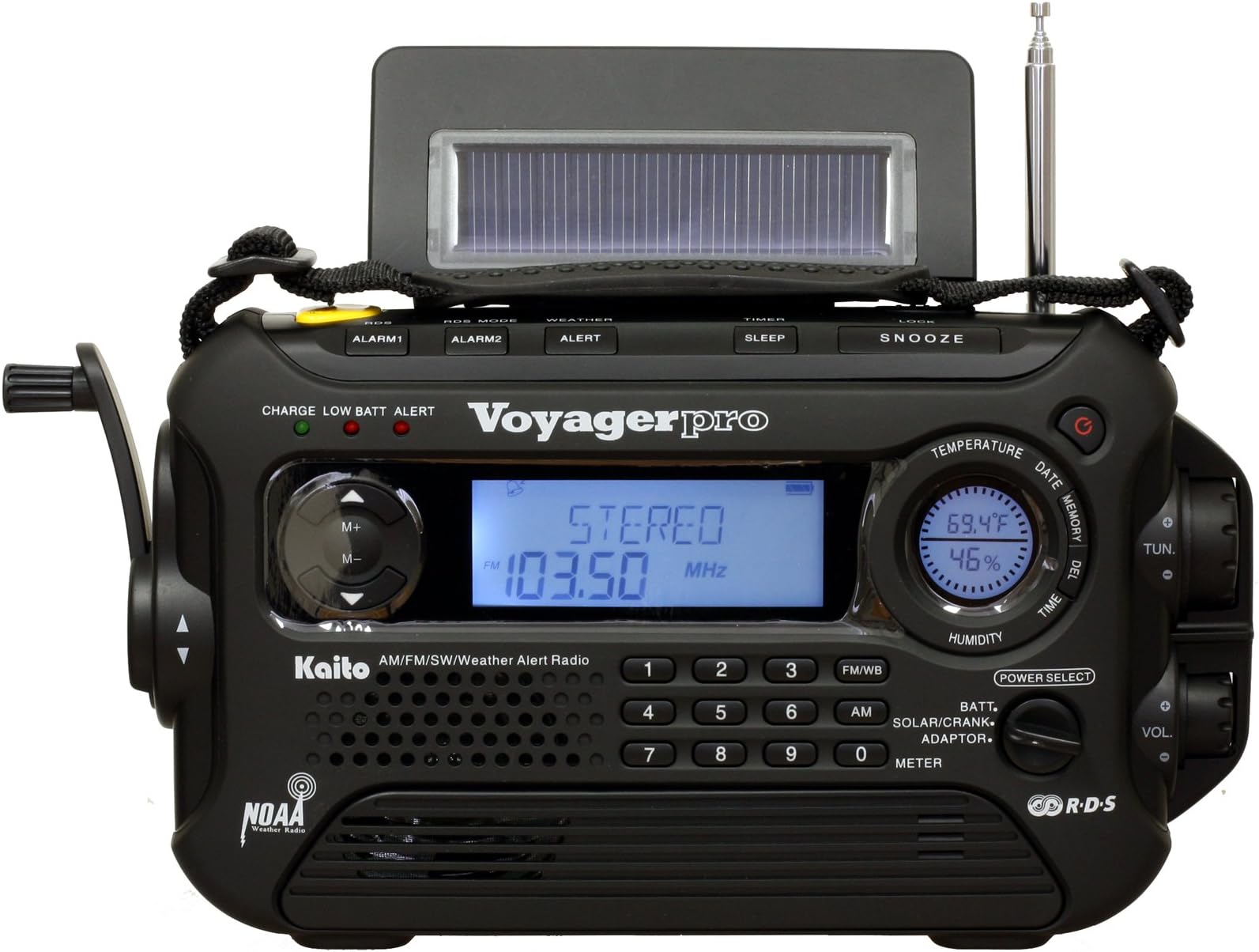 Voyager Pro KA600 Digital Solar Dynamo Crank Wind Up AM/FM/LW/SW & NOAA Weather Emergency Radio with Alert & RDS, Flashlight and Reading Lamp + Smart Phone Charger, Black