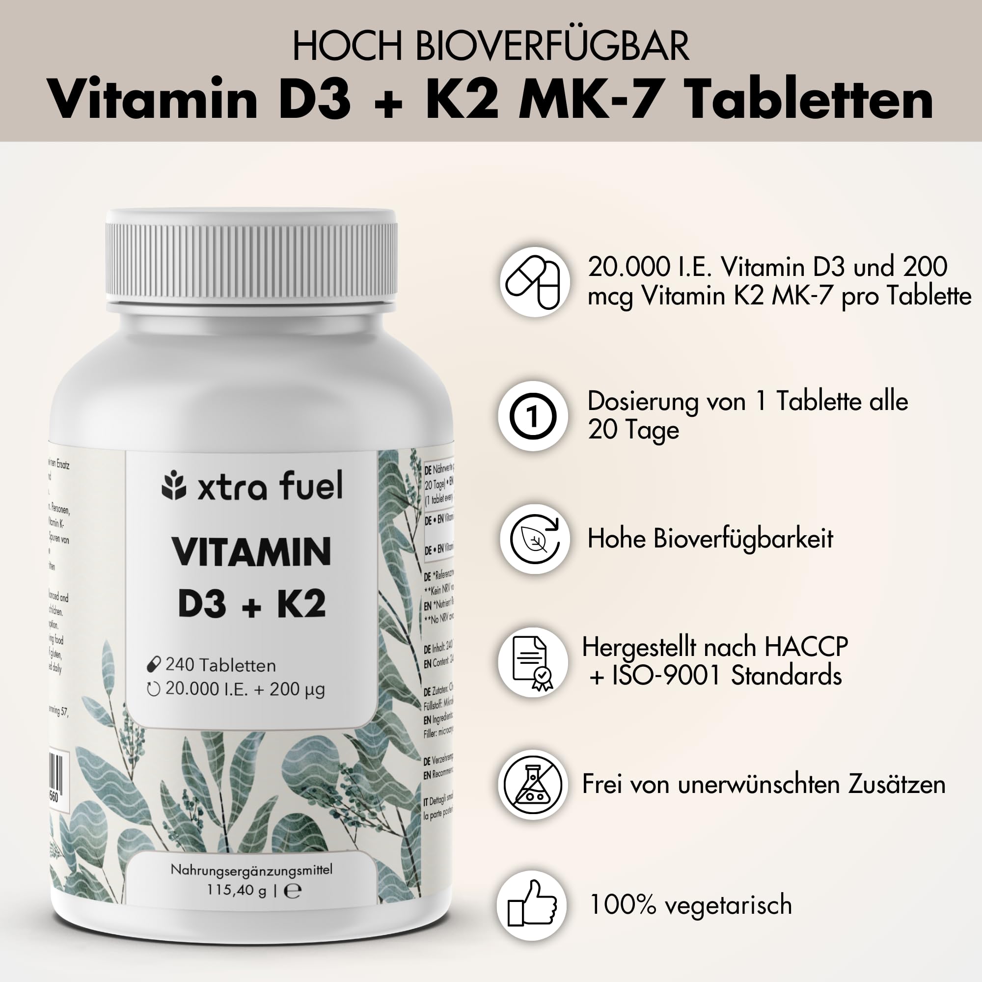 Vitamin D3 K2 20000 IE + Vitamin K2-MK7 99,7+% All-Trans - 720 Tabletten - hochdosiert & ohne Zusätze, laborgeprüfte Qualität - optimale Bioverfügbarkeit