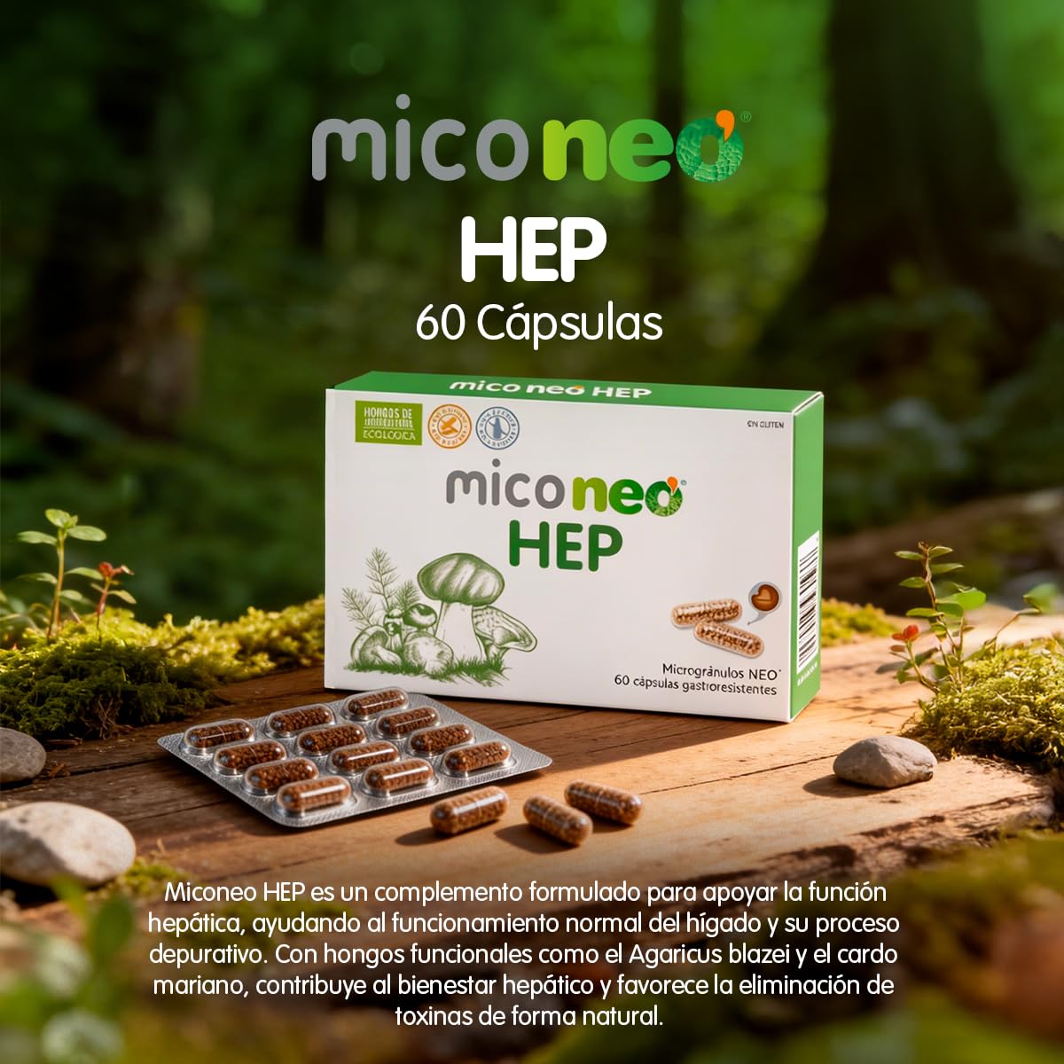 Mico NEO | HEP | 60 Cápsulas | Con Cardo Mariano, Reishi, Cordyceps, Shiitake y Polyporus | Suplemento Elaborado con Hongos
