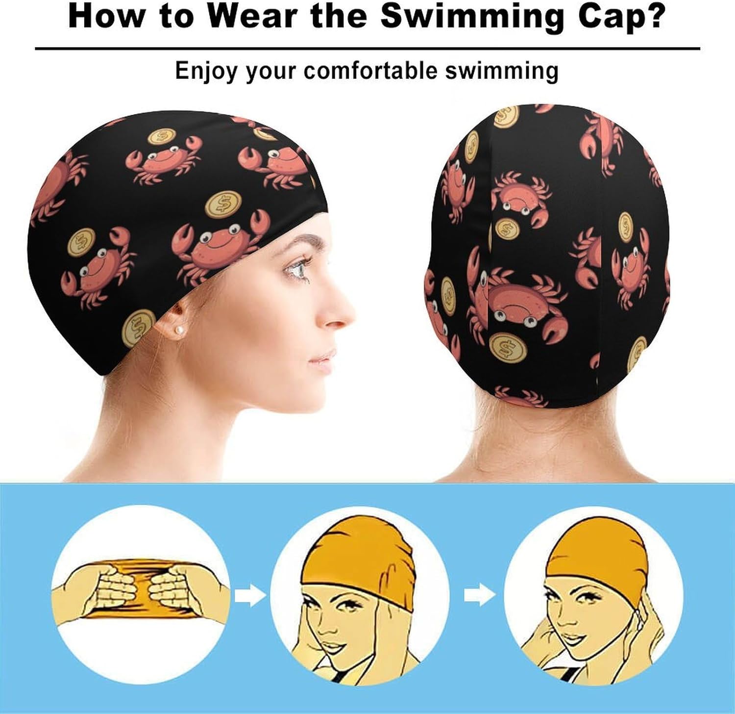 Red Crab Dollar Coin Womens Swim Cap for Men Adult Swimming Hat Curly Short Medium Long Hair