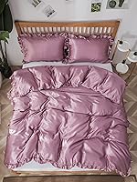 Vista 7 de Juego de funda de edredón sedosa de satén similar a la seda, color rosa rubor con estampado de satén con volantes rosados, 1 funda de edredón y 2