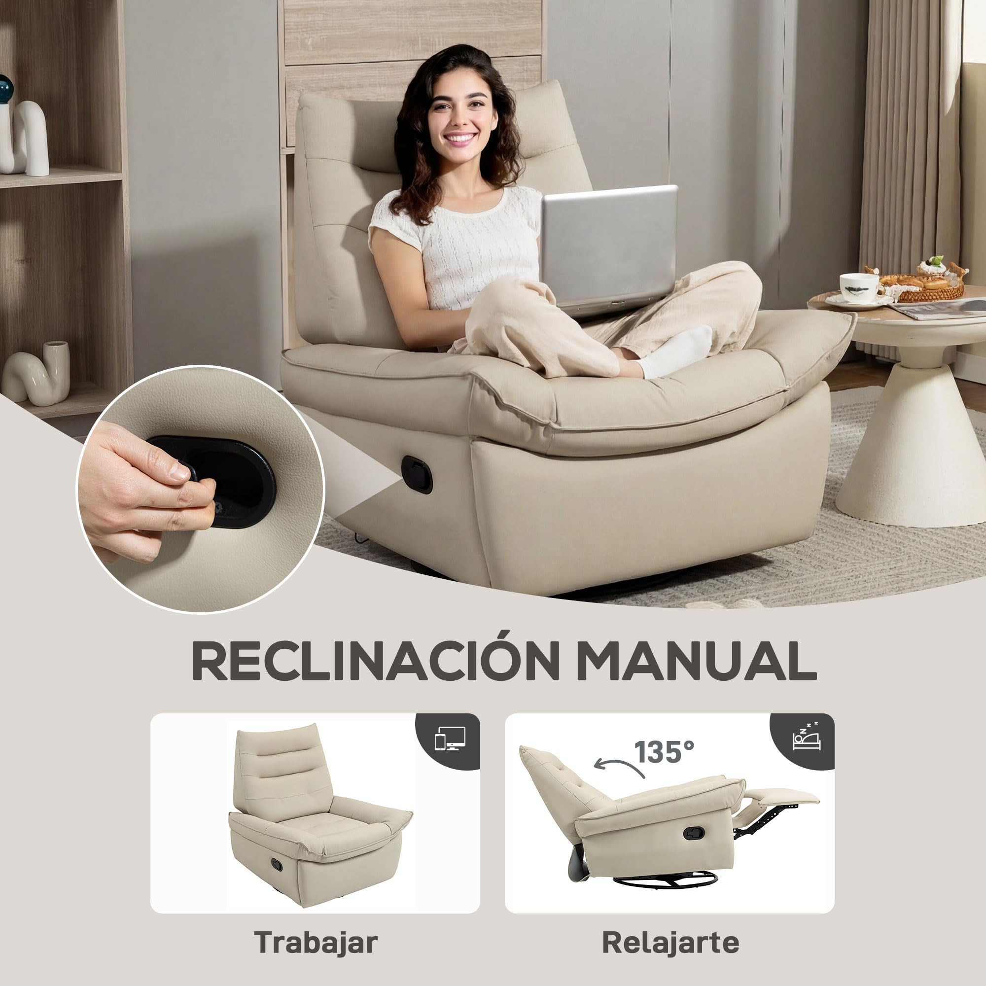 HOMCOM Sillón Relax Reclinable Manual 3 en 1 Giratorio Balancín Crema | Tapizado en PU, Reposapiés, Asiento Amplio, Acolchado Grueso, Butaca Reclinable Hasta 135º
