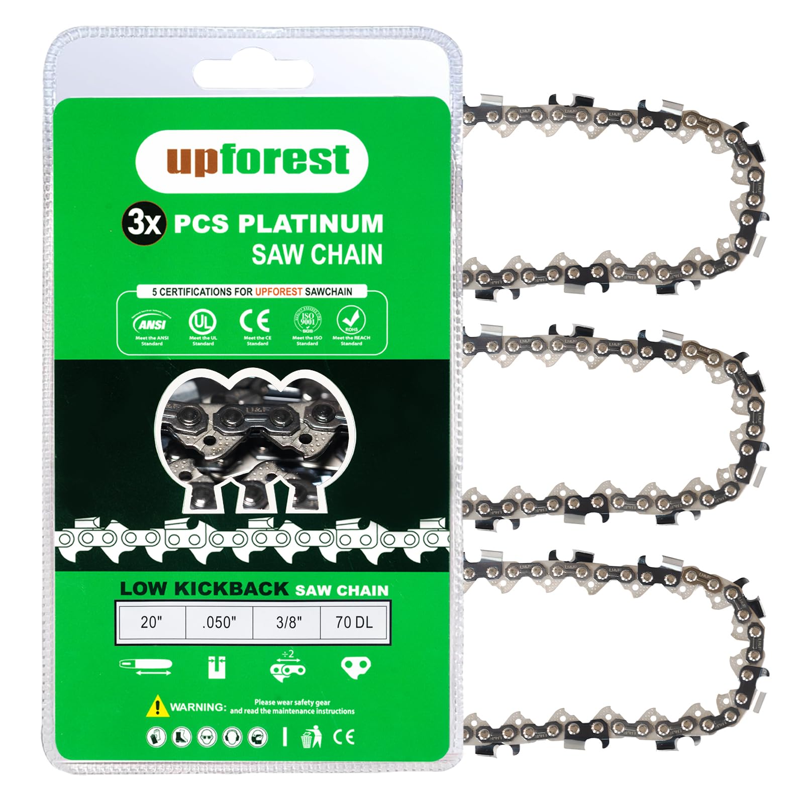 UPFOREST 20 Inch Chainsaw Chain 3 Pack - D70 - .050" Gauge, 3/8" Pitch, 70 Drive Links Low Kickback fits Craftsman, Echo, Homelite, Poulan 5020, Remington(72YL70X3) — image 1