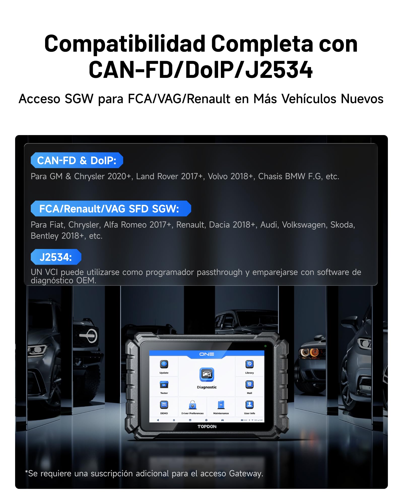 TOPDON One obd2 Diagnosis Scanner con Codificación ECU, Topología OE, J2534 Pass-Thru, 50+ Reset, Bidireccional Maquina Diagnosis Coche Multimarca, TopFix AI, FCA/Renault/VAG SFD SGW, CANFD & DoIP