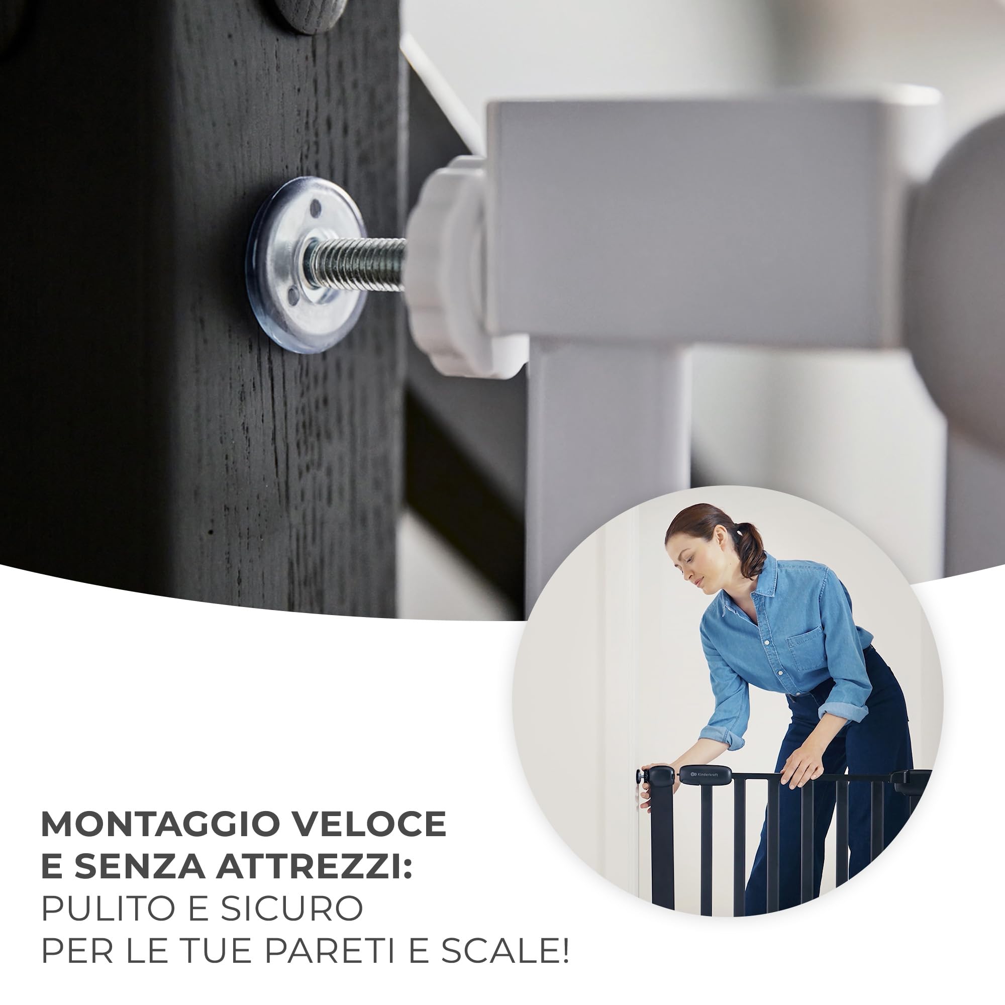 Kinderkraft LOCK&GO Cancelletto di sicurezza da 75-103 cm, Chiude automaticamente di 90 gradi, Doppio dispositivo di sicurezza, Previene di inciampare, Nero