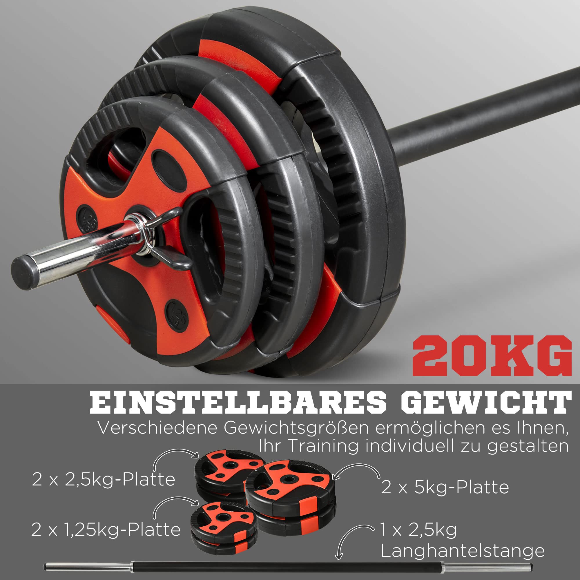 SPORTNOW Hanteln Set 20 kg Verstellbares Einteilig Hantelset mit rutschfestem Griff Kurzhanteln mit Verbindungsrohr Langhanteln Workout Hantel Gewichte Dumbbell Set für Zuhause