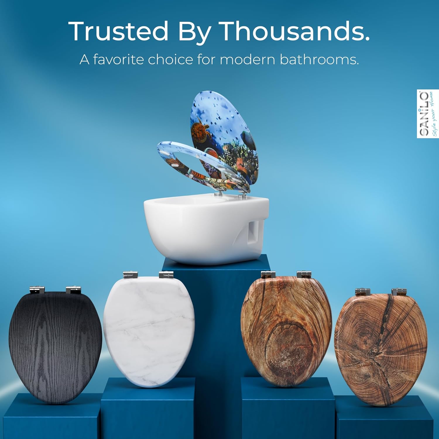 SANILO Wooden Toilet Seat with Soft Close [ELONGATED] - Decorative, Quiet & Slow Close Molded Wood Seat - With Strong Bumpers & Hinges - Adjustable Fit - Ocean