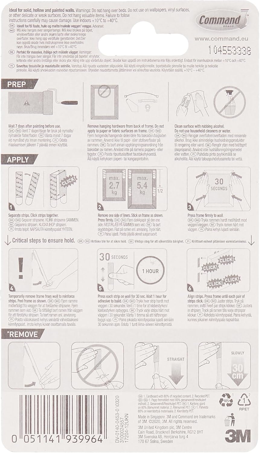 Command 17204-EF 07248000796 CMND PIC Hang Strip VP, 12 Pairs, White, Picture